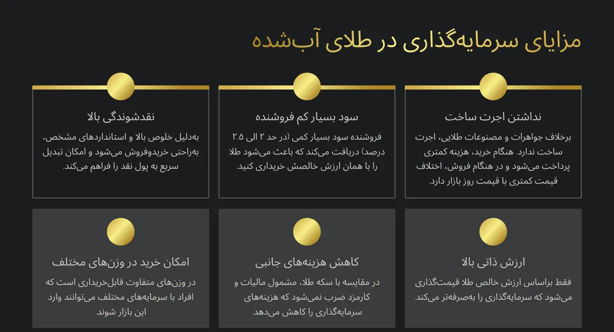 بهترین نوع طلا برای سرمایه گذاری در ایران: کدام سودآورتر است؟ 31 مزایا سرمایه گذاری در طلای آب شده به عنوان بهترین روش سرمایه گذاری طلا